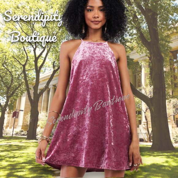 Petal Pink Flowy Strappy Stretchy Babydoll High Neck Halter Mini Swing Dress - Picture 3 of 7